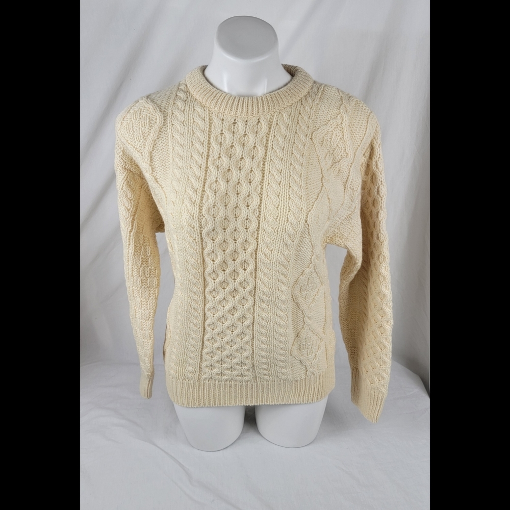 Aran Irish Fisherman Knit Pullover Sweater Sz S Made In Ireland 100% Virgin Wool